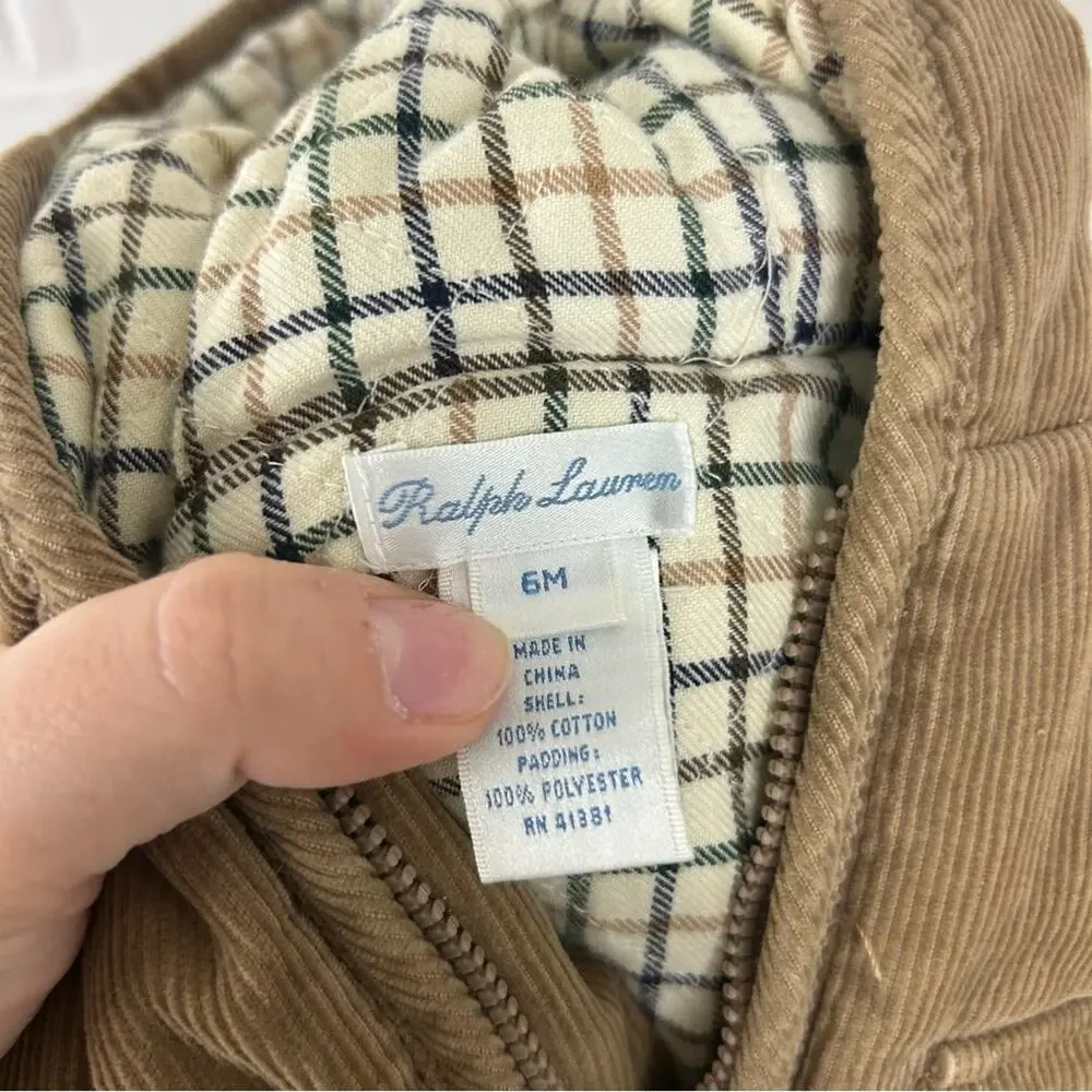 Ralph Lauren Baby Corduroy Plaid Flannel Lined Snow Bunting Size 6 MOS